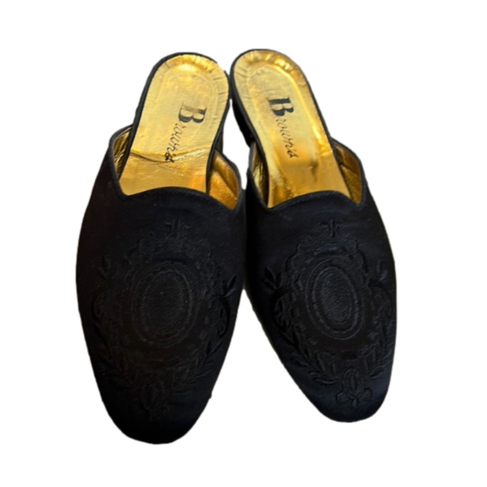 BROWN'S Black Velvet Pointed Toe Mules Embroidered EUR 37 / US 6.5 Made in Italy